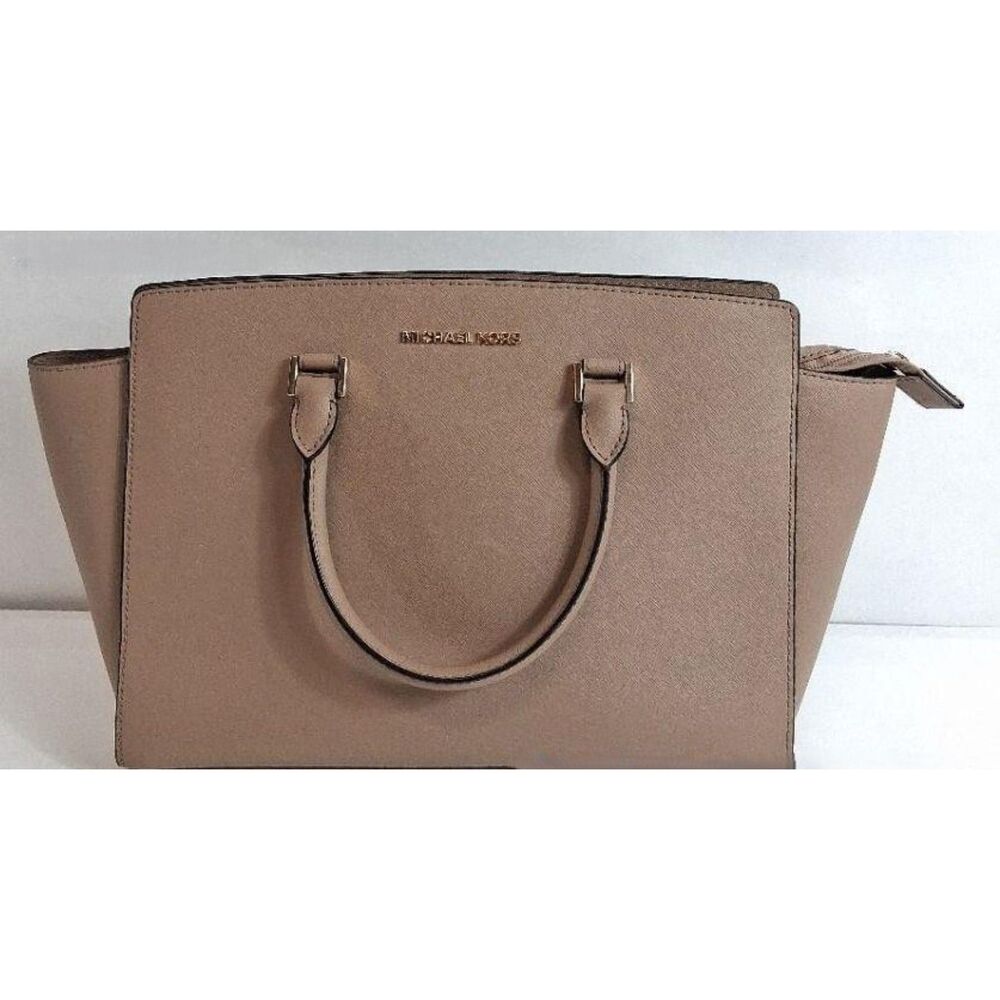 Michael Kors Saffiano Leather Top Handle Bag Beige Tan Medium Gold Hardware EUC